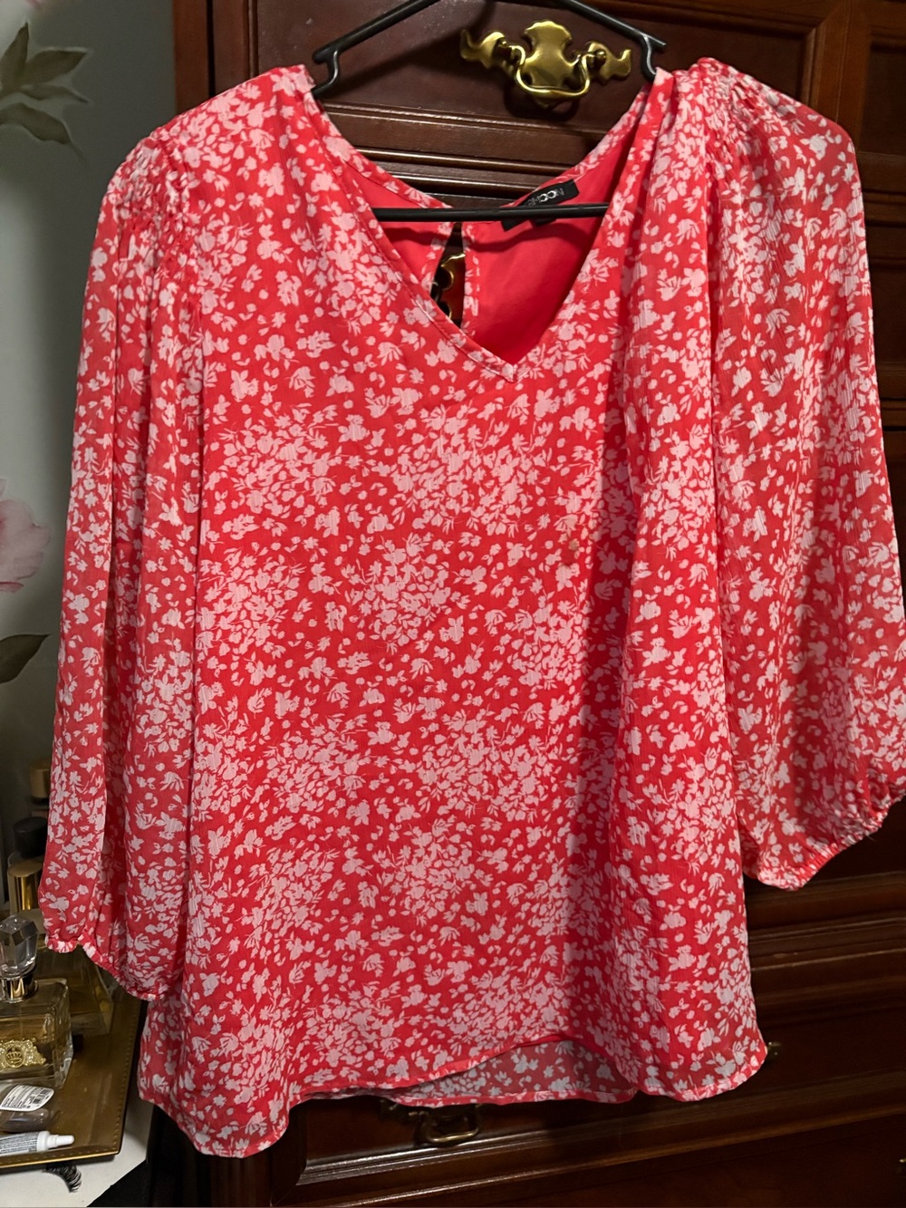 Flowy Pink Floral V-Neck Women's Top XL